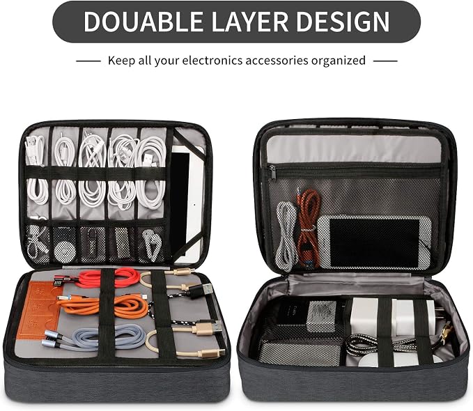 HOLIMET Cable Organiser Bag,Electronic Accessories Bag Double Layer for Travel Waterproof Cord Storage Organizer Bag for iPad, Kindle, Hard Drives, Cables, Chargers,Power Bank and More(Black)
