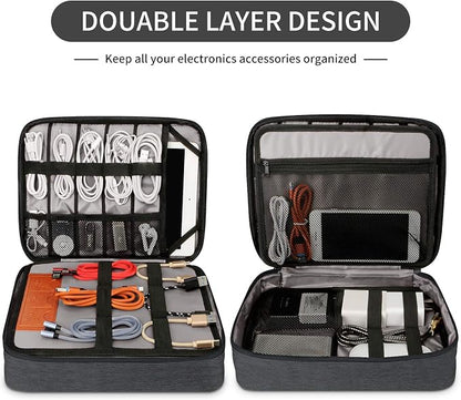 HOLIMET Cable Organiser Bag,Electronic Accessories Bag Double Layer for Travel Waterproof Cord Storage Organizer Bag for iPad, Kindle, Hard Drives, Cables, Chargers,Power Bank and More(Black)