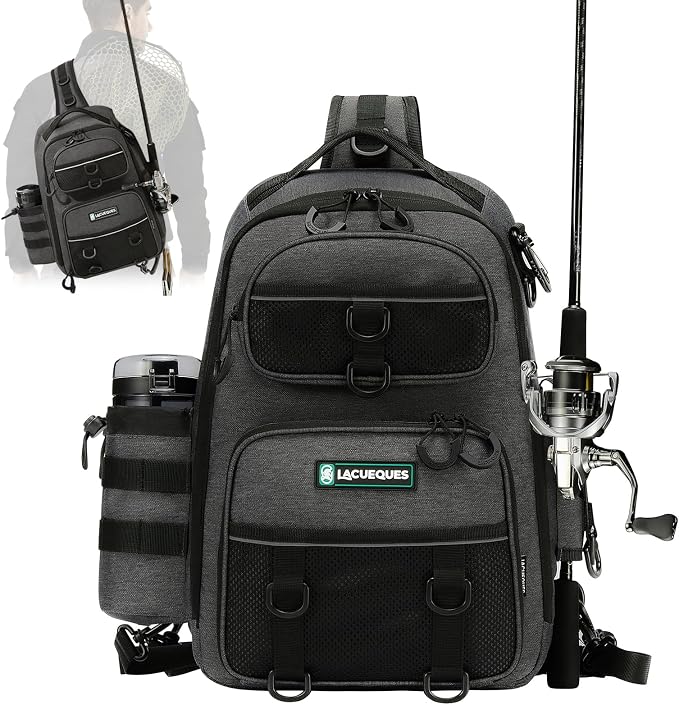 22L Fly Fishing Sling Bag - Fits 3x 3700 Tackle Boxes, 12 D-Rings, Rod Holster, Water Bottle Holder, Phone Pocket (Grey)