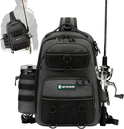 22L Fly Fishing Sling Bag - Fits 3x 3700 Tackle Boxes, 12 D-Rings, Rod Holster, Water Bottle Holder, Phone Pocket (Grey)
