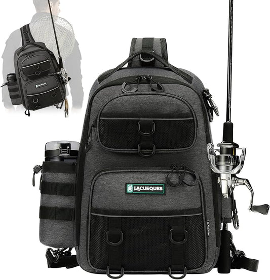 22L Fly Fishing Sling Bag - Fits 3x 3700 Tackle Boxes, 12 D-Rings, Rod Holster, Water Bottle Holder, Phone Pocket (Grey)