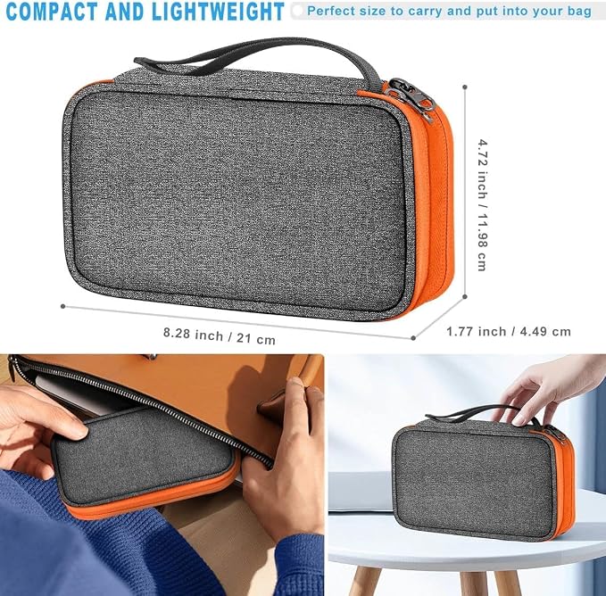 ZINMARK Portable Cable Organizer Case,Travel Pouch with Double-Layer Storage for Cables,Chargers,Earbuds & Phone,Dark Gray Orange