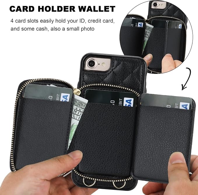 Bocasal Crossbody Wallet Case for iPhone SE 2022/SE 2020/8/7, RFID Blocking PU Leather Zipper Handbag Purse Flip Cover, Kickstand Folio Case with Card Slots Holder Wrist Strap Lanyard 4.7 Inch (Black)