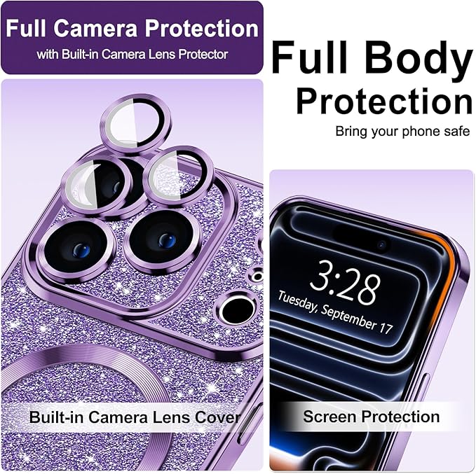 Hython for iPhone 17 Pro Case Glitter Clear Magnetic Phone Cases [Compatible with MagSafe] Full Camera Lens Protector Sparkle Luxury Plating Slim Shockproof Protective Cover Women, Purple
