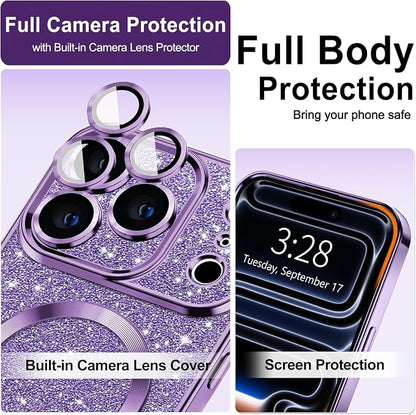 Hython for iPhone 17 Pro Max Case Glitter Clear Magnetic Phone Cases [Compatible with MagSafe] Full Camera Lens Protector Sparkle Luxury Plating Slim Shockproof Protective Cover Women, Purple