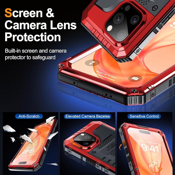 Mitywah Waterproof Case for iPhone 15 Pro, Heavy Duty Shockproof Case with Built-in Screen Protector, Full Body Underwater Protective Metal Case 6.1 inch, Red