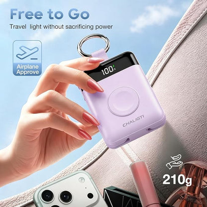 10000mAh Portable Charger,PD 22.5W Super Fast Charging Power Bank with Built-in Cables, Travel Keychain Battery Pack for iPhone 17/16/15/14/13/12,Apple Watch Ultra/11/10/9/8/7/6/SE (Purple)