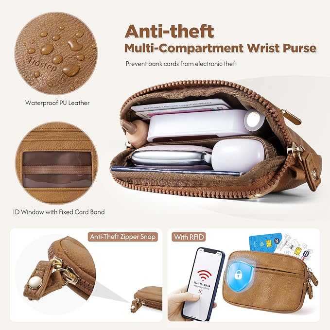 Tiostep Clip and Go Strap for Phone with Wallet Crossbody Phone Lanyard Adjustable and Anti-Theft Leather Purse with RFID Zipper Pouch for Travel Daily Life. Brown Medium