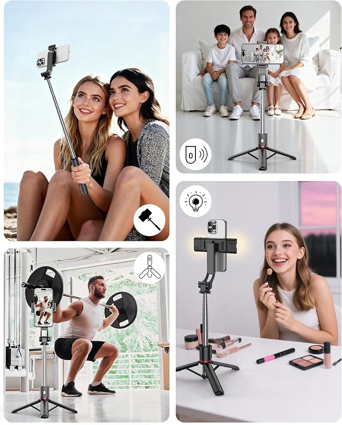 40" Selfie Stick with Light & Wireless Remote, Portable Phone Tripod Stand for iPhone & Android, Lightweight Foldable Selfie Stick for Travel, Vlogging, and Live Streaming