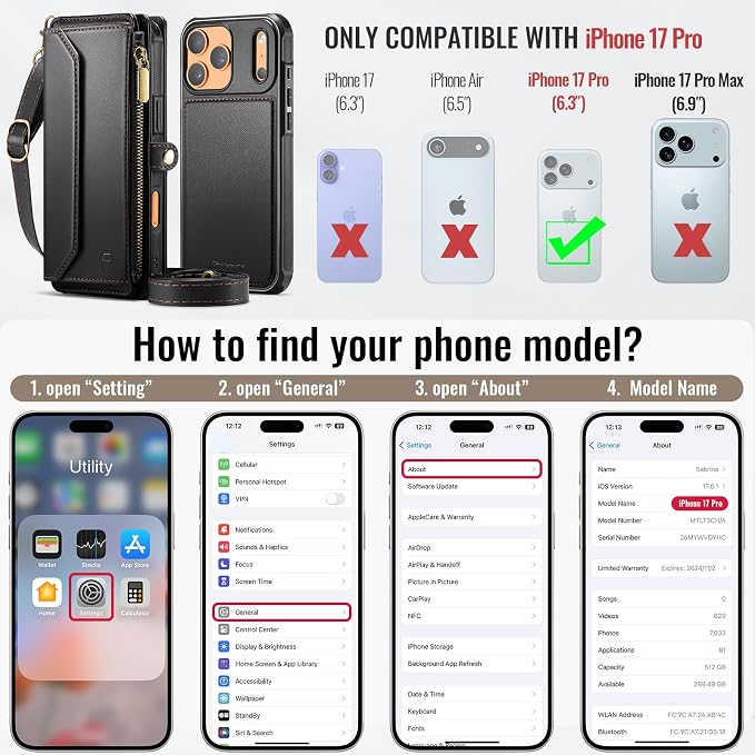 Strapurs for iPhone 17 Pro Detachable Wallet Case Compatible with Magsafe for Women, RFID Blocking 9-Card Holder Zipper Wrist Strap Lanyard PU Leather Magnetic Phone Case for iPhone 17 Pro 6.3", Black