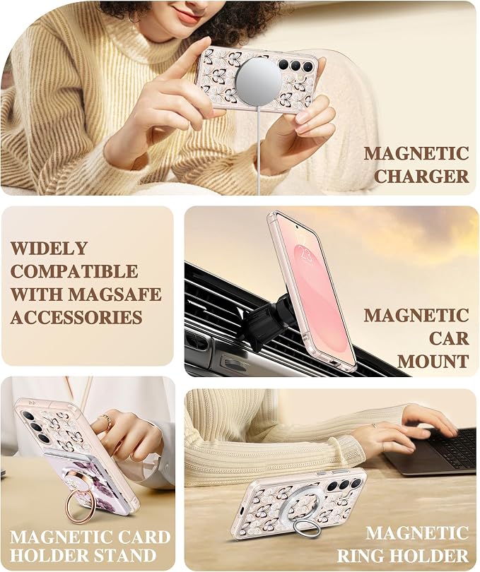 GVIEWIN for Samsung Galaxy S25 Plus Case Compatible with MagSafe, Clear Floral Shockproof Protective Women Phone Case, Non-Yellowing, Screen & Camera Lens Protector for S25 Plus 6.7", Amathusiidae