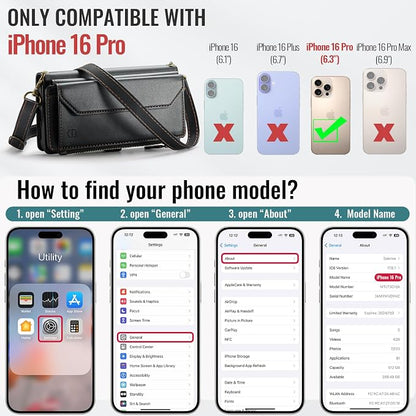 Strapurs Wallet Case Compatible with iPhone 16 Pro 6.3" RFID Blocking 10-Card Holder Soft PU Leather Magnetic Snap Shoulder Strap Zipper Pocket Phone Case Fit for iPhone 16 Pro for Women - Black