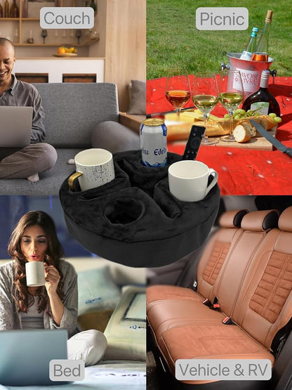 Xchouxer Couch and Bed Cup Holder Pillow, Sofa Organizer Caddy for Drinks, Remotes, Phones, Snacks (Black)