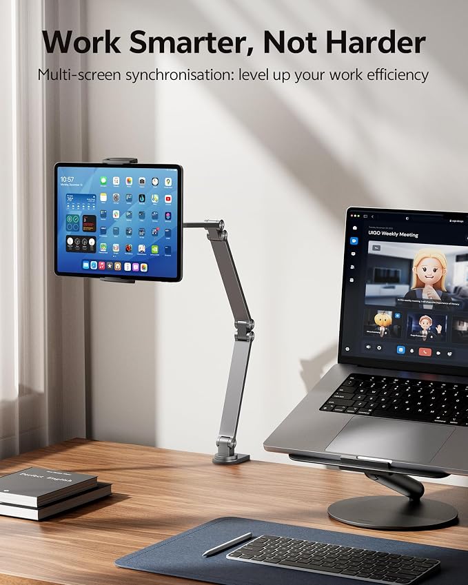 LULULOOK Tablet Stand iPad Phone Holder for Desk, Heavy Duty Aluminum 360° Rotating & Foldable Arm Mount Kindle Holder for Bed, Stand for iPad Pro, Kindle, Portable Monitor, Max 15.6"