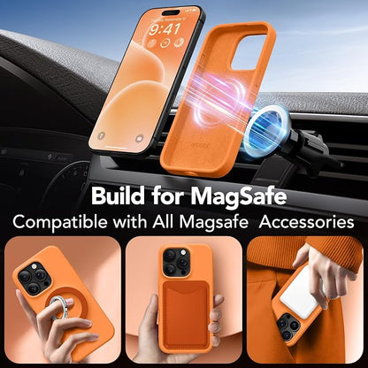 GONEZ Magnetic for iPhone 16 Pro Case, Compatible with MagSafe, [Screen Protector + Camera Lens Protector], Silicone Shockproof Anti-Scratch Protective Phone Case 6.3 inch, Orange