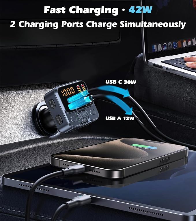 Bluetooth 5.3 Car Adapter with FM Transmitter & 42W PD Fast Charging, Wireless AUX/USB Music Receiver, Hands-Free Calls, Beat Sync LED Lights for Car Stereo, Compatible with All 12V-24V Vehicles