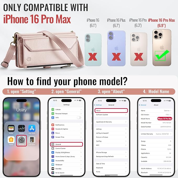 Strapurs Wallet Case Compatible with iPhone 16 Pro Max 6.9" RFID Blocking 10-Card Holder Soft PU Leather Magnetic Snap Shoulder Strap Zipper Pocket Phone Case Fit for iPhone 16 Pro Max - Rose Gold | 6.9", RFID Blocking, 10-Card Holder, Soft PU Leather,...
