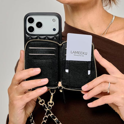 LAMEEKU for iPhone 17 Pro Max Wallet Case with Card Holder, Quilted Leather Crossbody Zipper Purse for Women 6.9'' Black