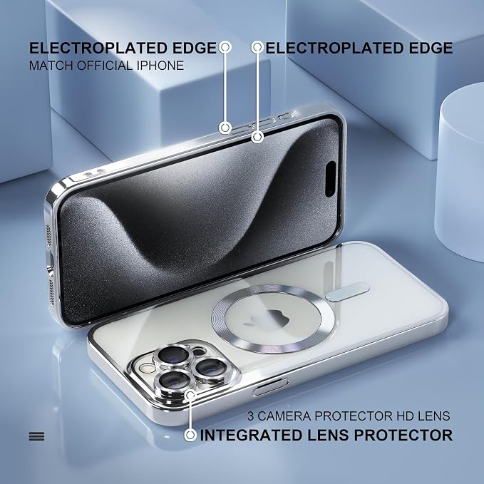 Misea Magnetic for iPhone 15 Pro Max Case with MagSafe [Never Yellowing] [Military Grade Drop Protection] Full Camera Lens Protector Plating Soft Clear Phone Case for Women Girls, Silver