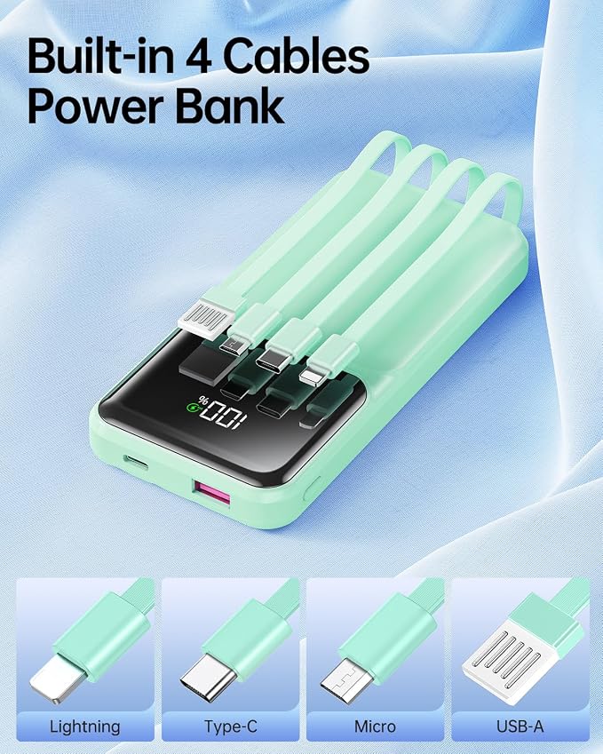 RONEGN Portable Charger with Built in Cable -20000mAh Fast Charging Power Bank USB C Slim 22.5W LED Display Battery Pack 5 Outputs & 3 Inputs for Travel Essentials iPhone Samsung Phones Green