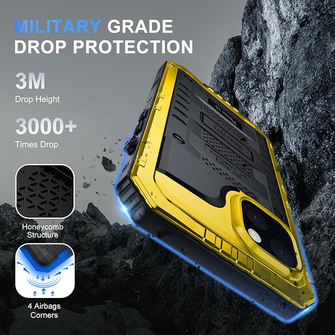 Beasyjoy for iPhone 15 Case Waterproof, Metal Heavy Duty Full Body Protective Case with Built-in Screen Protector, Military Grade Shockproof Dustproof Defender Rugged Cover for iPhone 15 6.1", Yellow