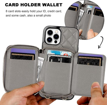 Bocasal Crossbody Wallet Case for iPhone 12 Pro Max, RFID Blocking PU Leather Zipper Handbag Purse Flip Cover, Kickstand Folio Case with Card Slots Holder Wrist Strap Lanyard 5G 6.7 Inch (Grey)