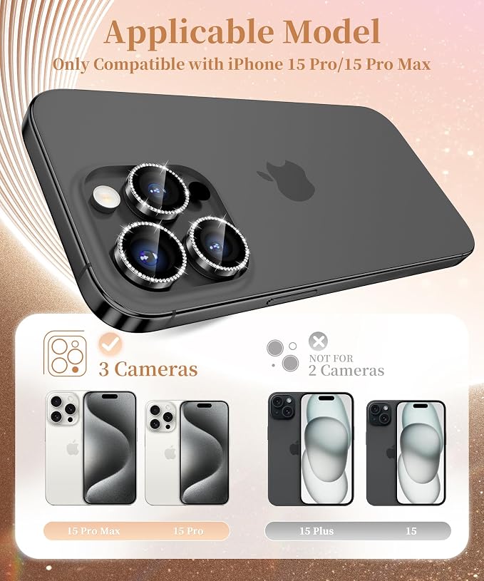 GolbinBox Camera Lens Protector for iPhone 15 Pro/15 Pro Max, 1:1 Invisible Fit, 9H Tempered Glass Ultra HD Metal Individual Camera Cover for Women, Case Friendly, Bling/Black