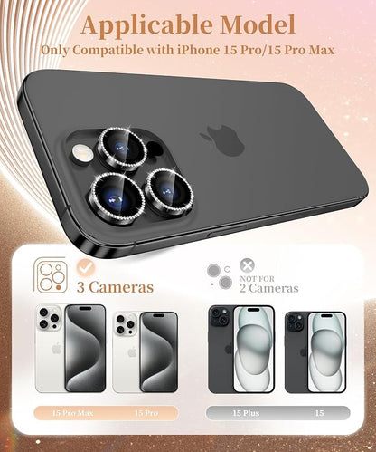 GolbinBox Camera Lens Protector for iPhone 15 Pro/15 Pro Max, 1:1 Invisible Fit, 9H Tempered Glass Ultra HD Metal Individual Camera Cover for Women, Case Friendly, Bling/Black