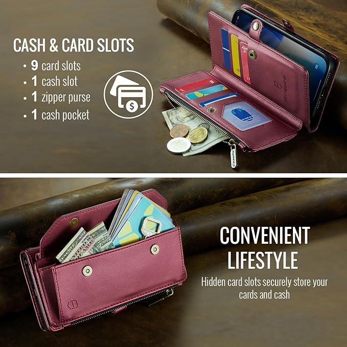 Strapurs Wallet Case Compatible with iPhone 17 6.3" RFID Blocking 9-Card Holder Soft PU Leather Magnetic Snap Shoulder Strap Zipper Pocket Phone Case Fit for iPhone 17 for Women - WineRed
