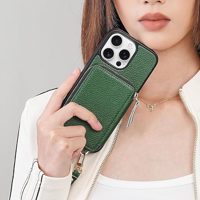 ZVE Wallet Case for iPhone 16 Pro with Card Holder, Phone Purse with Wrist Strap, Crossbody Zipper Leather Phone Cover for iPhone 16 Pro 6.3" Dark Green