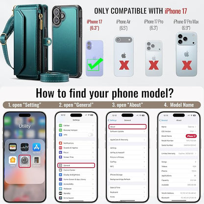 Strapurs for iPhone 17 Detachable Wallet Case Compatible with Magsafe for Women, RFID Blocking 9-Card Holder Zipper Wrist Strap Lanyard PU Leather Magnetic Phone Case for iPhone 17 6.3", Blue Green