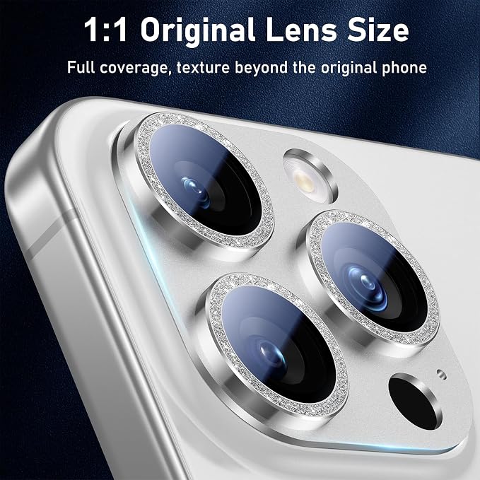 UniqueMe for iPhone 13 Pro/iPhone 13 Pro Max Camera Lens Protector, [Strong Drop Protection] [Not Easy to Fall-off] Metal Ring Tempered Glass Rear Camera Screen Cover - Sliver (Bling Circle)