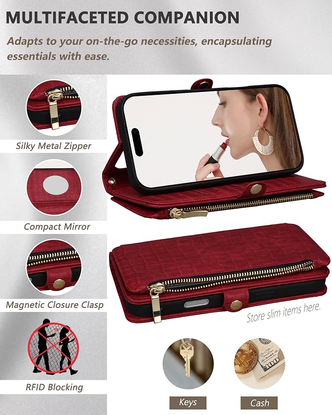 Crossbody Wallet Case for iPhone 17 Pro Max with Mirror, Wrist Strap, Zipper Purse Magnetic Flip, RFID Blocking Card Holder, Wireless Charging, PU Leather Shockproof 6.9" Women (Red)