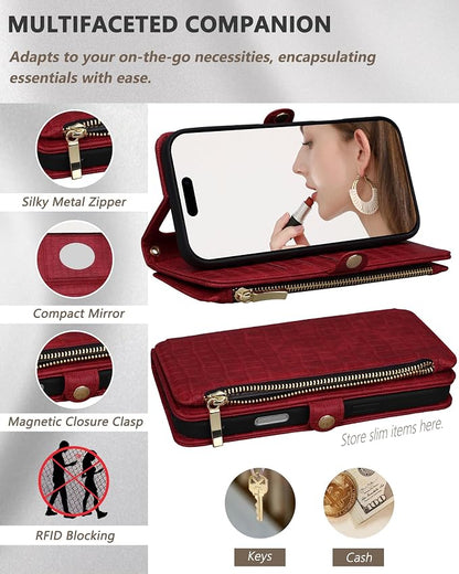 Crossbody Wallet Case for iPhone 17 Pro Max with Mirror, Wrist Strap, Zipper Purse Magnetic Flip, RFID Blocking Card Holder, Wireless Charging, PU Leather Shockproof 6.9" Women (Red)