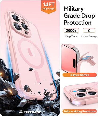 FNTCASE for iPhone 14 Pro Case: [Compatible with Magsafe] Translucent Matte Cases with [Full Camera Protection] [Screen Protector] Military Grade Shockproof Protective Phone Cover - Light Pink