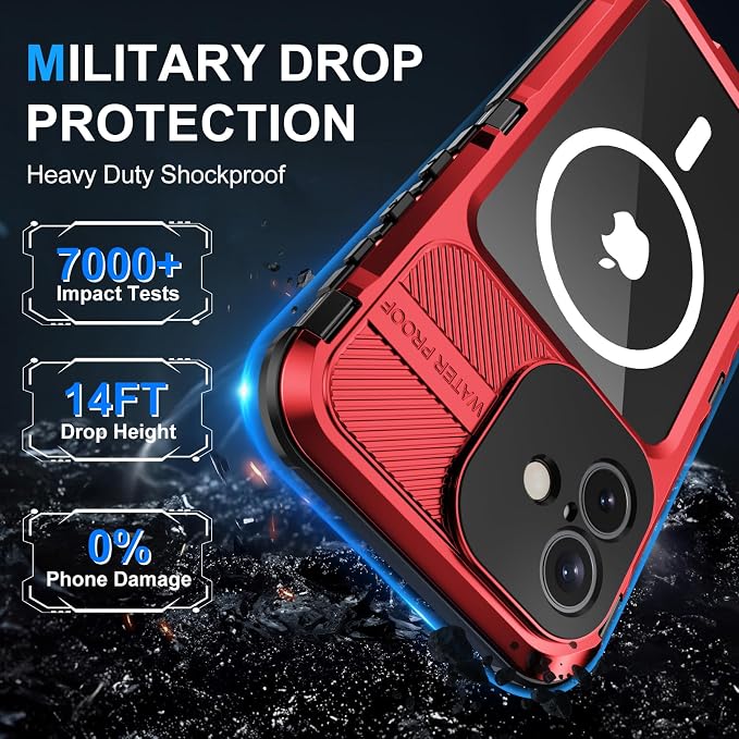 WIFORT for iPhone 16 Waterproof Case - Metal Heavy Duty [Built-in Screen Protector] [14FT Military Shockproof] [Fit for MagSafe], IP68 Full Body Rugged Water Proof Magnetic Cover, 6.1" Red