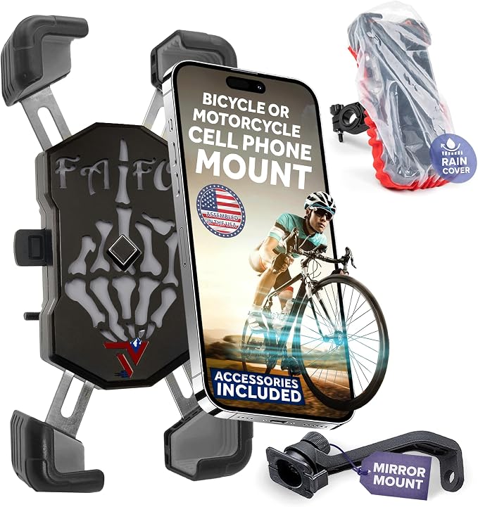 Terminal Velocity Sport - Motorcycle Phone Mount - Bike Cell Phone Holder - Bike Phone Mount, for iPhone & Android - Fits Harley Davidson, eBike, ATV, Bicycle - Incl. Mirror & Rain-Cover. (Black)