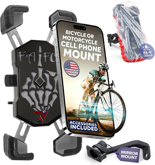 Terminal Velocity Sport - Motorcycle Phone Mount - Bike Cell Phone Holder - Bike Phone Mount, for iPhone & Android - Fits Harley Davidson, eBike, ATV, Bicycle - Incl. Mirror & Rain-Cover. (Black)