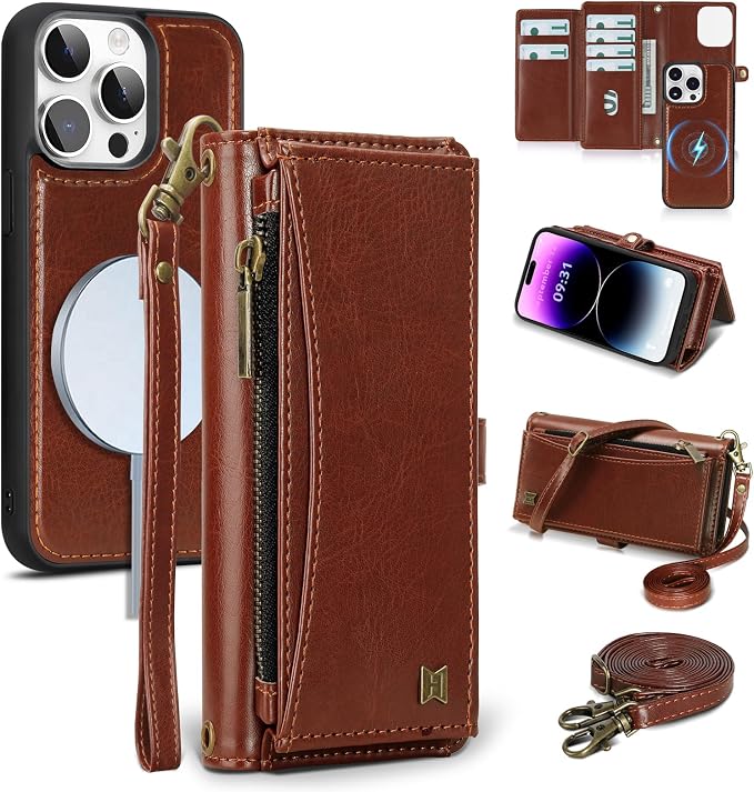 Wallet Case for iPhone 14 Pro Max with Card Holder/Crossbody Wallet/Strap| RFID Blocking | Magnetic | Kickstand | Detachable | PU Leather Phone Case for iPhone 14 Pro Max,6.7 in,Brown