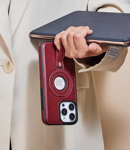 for iPhone 16 Pro Leather Case with Stand, Anti-Slip Grip Ring, Fits for MagSafe (Burgundy, iPhone 16 Pro)