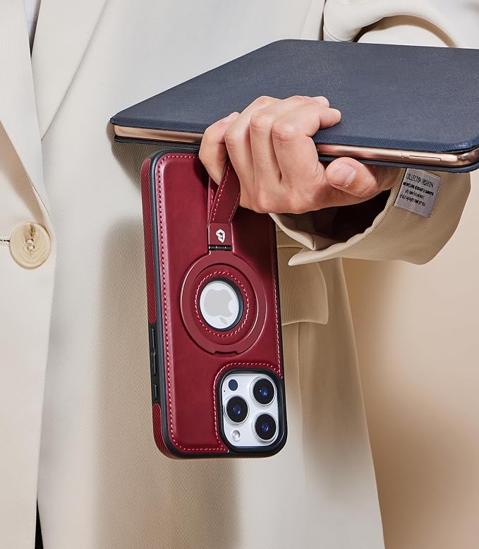 for iPhone 15 Pro Leather Case with Stand, Anti-Slip Grip Ring, Fits for MagSafe (Burgundy, iPhone 15 Pro)