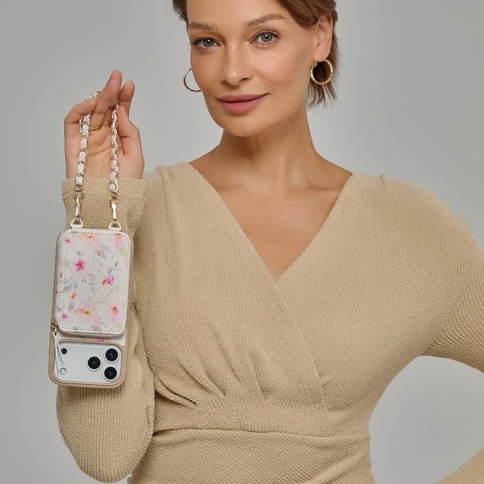 ZVE for iPhone 17 Pro Max Wallet Case Crossbody, Zipper Phone Cover with Chain Wrist Strap RFID Blocking for 6.9" Flower