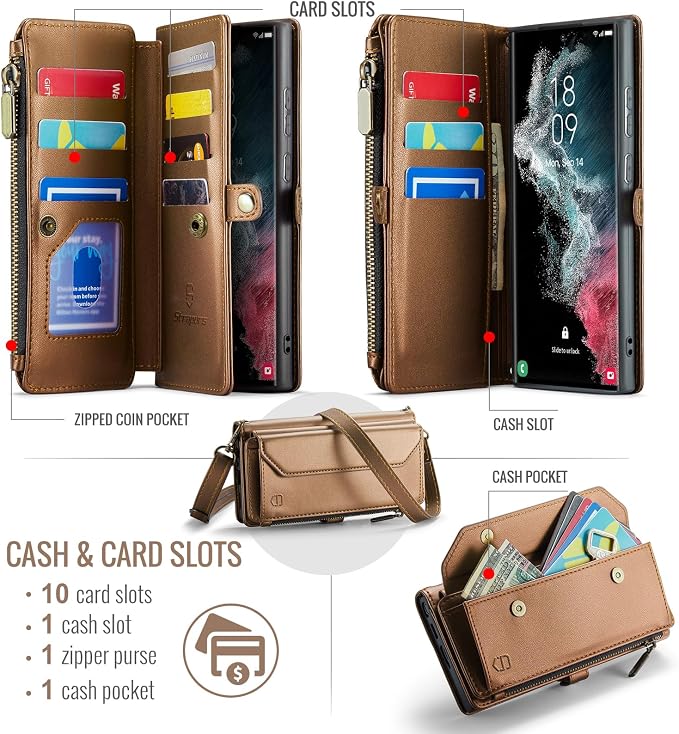 Strapurs Crossbody Wallet Case Compatible with Samsung Galaxy S22 Ultra 5G RFID Blocking 10-Card Holder Soft PU Leather Magnetic Snap Strap Zipper Pocket Phone Case Fit for Galaxy S22 Ultra - Brown