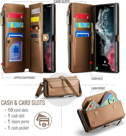 Strapurs Crossbody Wallet Case Compatible with Samsung Galaxy S22 Ultra 5G RFID Blocking 10-Card Holder Soft PU Leather Magnetic Snap Strap Zipper Pocket Phone Case Fit for Galaxy S22 Ultra - Brown