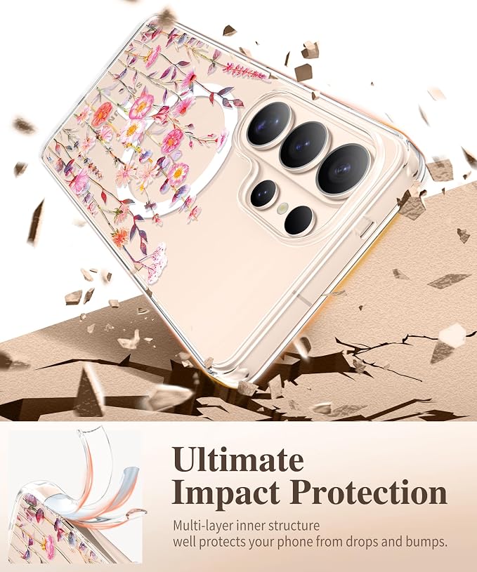 GVIEWIN for Samsung Galaxy S26 Ultra Case Compatible with MagSafe, Clear Floral Shockproof Protective Women Phone Case, Non-Yellowing, Screen&Camera Lens Protector for S26 Ultra 6.9",Floratopia/Orange