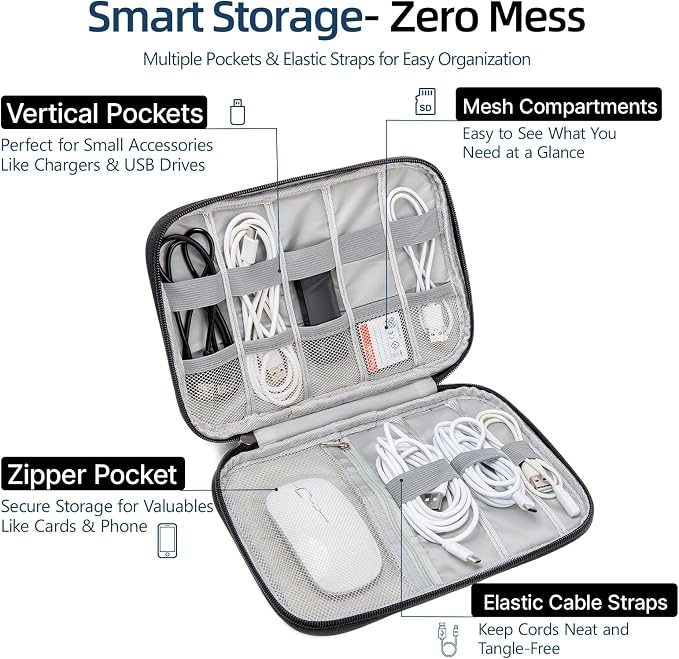 Cord Organizer Travel Case, Cable Organizer Bag for Chargers, USB Cables, Power Bank & Electronics Accessories, Portable Tech Organizer Pouch with Mesh Pockets, Water Resistant Travel Gear Bag