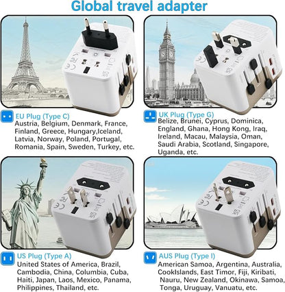 Universal Travel Adapter with 4 Ports (2 USB-C & 2 USB-A) Fast Charging 35W Worldwide All-in-One Power Adapter for USA, Europe, UK, Australia & 150+ Countries