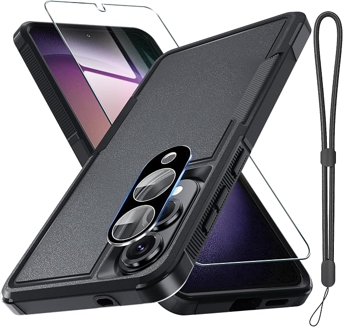 RMOCR Case for Samsung Galaxy S25 Edge, Full Body Heavy Duty Rugged Shockproof Protective Phone Cover with Lanyard Strap, Tempered Glass Screen Protector and Camera Lens Cover, Black Matte