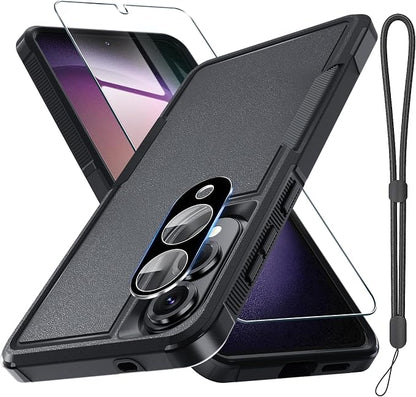 RMOCR Case for Samsung Galaxy S25 Edge, Full Body Heavy Duty Rugged Shockproof Protective Phone Cover with Lanyard Strap, Tempered Glass Screen Protector and Camera Lens Cover, Black Matte