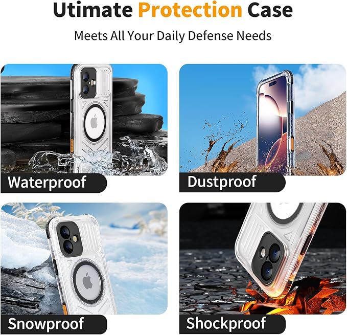 for iPhone 16 Waterproof Case, Compatible with MagSafe, IP68 Built-in Camera Control, Military Shockproof & Screen Protector for Water Sports, 6.1 Inch Frosted Black
